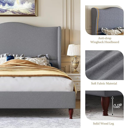 koorlian King Size Upholstered Bed Frame with 51'' Tall Headboard, Grey | Reinforced Platform Bed, Easy Assembly, Soft Fabric, Sleigh Wingback, Solid Wood Retro Legs, Noise-Free, Classic & Simple