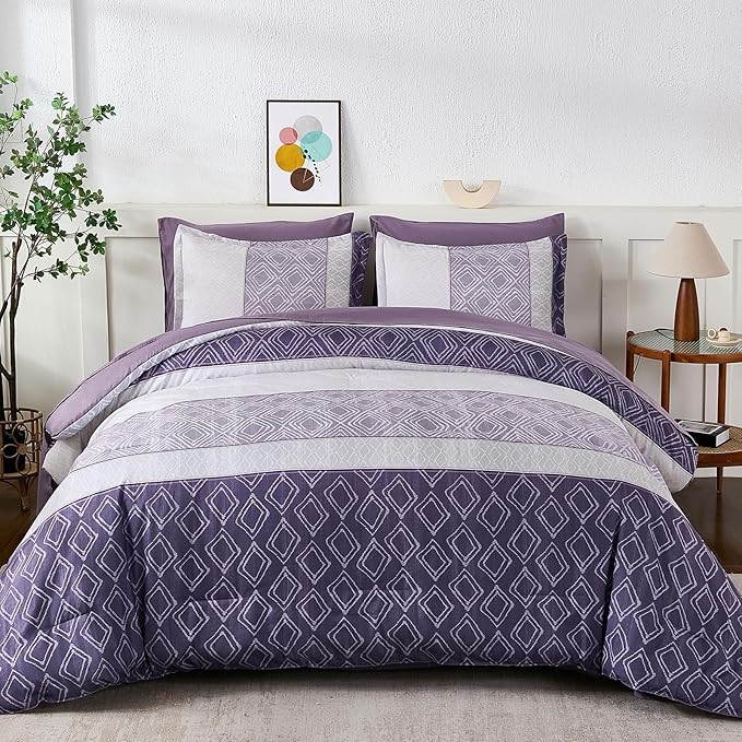 Dinjoy Boho Queen Comforter Set Purple,7 Piece Bed in a Bag Queen Size Breathable Summer Bedding Sets Plaid Striped Comforters Bed Set with Sheets for Family All Season