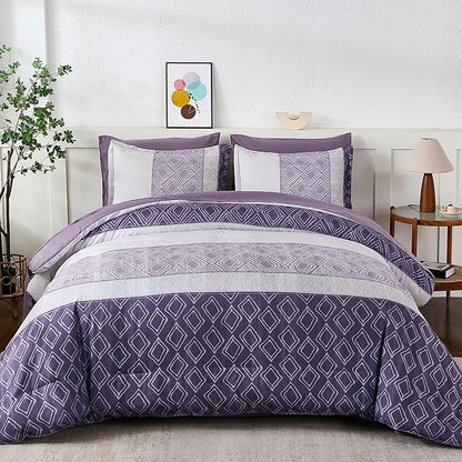 Dinjoy Boho Queen Comforter Set Purple,7 Piece Bed in a Bag Queen Size Breathable Summer Bedding Sets Plaid Striped Comforters Bed Set with Sheets for Family All Season