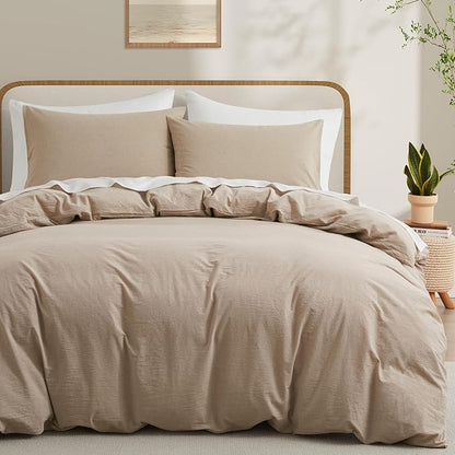 100% Washed Cotton Duvet Cover Set, Linen Like Natural Bedding Set with Zipper Closure (No Comforter), 104x98 Inches, Cal King, Linen Grey