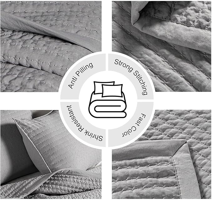 Twin Quilt Set – 68"x86" Soft Washed 3-Layer Lightweight Bedspread with Multi-Lock Quilting, Minimalist Nordic Bedding, All-Season Quilt for Spring, Summer & Fall (1 Quilt + 2 Pillow Shams), Grey