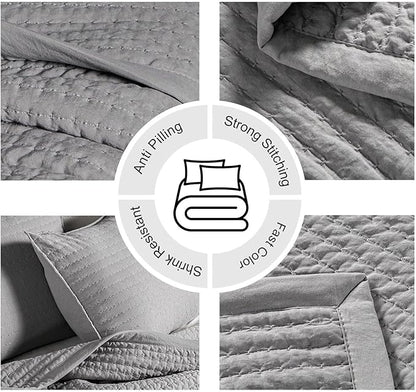 King Quilt Set – 104"x90" Soft Washed 3-Layer Lightweight Bedspread with Multi-Lock Quilting, Minimalist Nordic Bedding, All-Season Quilt for Spring, Summer & Fall (1 Quilt + 2 Pillow Shams), Grey