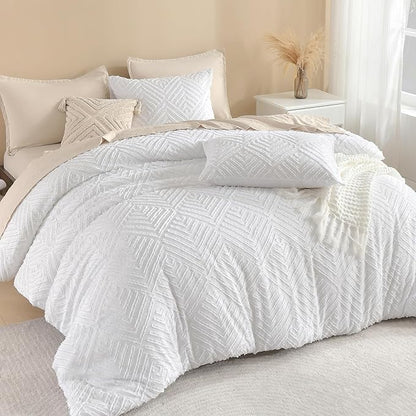 Litanika Super King Plus Comforter White, 3 Pieces Tufted Boho Farmhouse Bedding Comforter Set, Lightweight Fluffy All Season Comforter Set (120x128In Comforter & 2 Pillowcases)