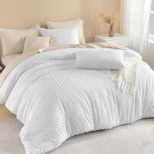 Litanika Super King Plus Comforter White, 3 Pieces Tufted Boho Farmhouse Bedding Comforter Set, Lightweight Fluffy All Season Comforter Set (120x128In Comforter & 2 Pillowcases)