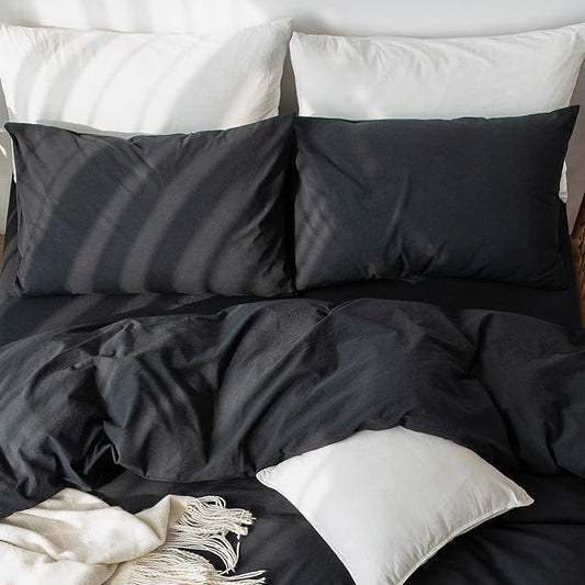 MooMee Bedding Pillowcases Pack of 2 100% Washed Cotton Linen Like Textured Breathable Durable Soft Comfy (Solid Black, King)