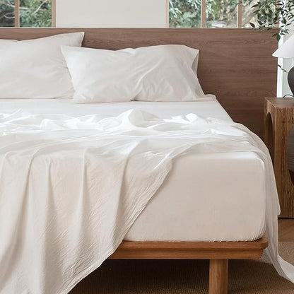 MooMee Bedding Sheet Set 100% Washed Cotton Linen Like Textured Breathable Durable Soft Comfy (Solid Off White, California King)