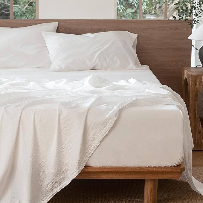MooMee Bedding Sheet Set 100% Washed Cotton Linen Like Textured Breathable Durable Soft Comfy (Solid Off White, Queen)
