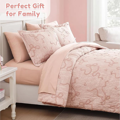 Geniospin Orange Pink Queen Comforter Set for Girls- 7 Pieces Bowknot Jacquard Bed in A Bag Queen Bedding Sets with Sheets, Pillowcases & Shams, All Season Kids Comforter Set