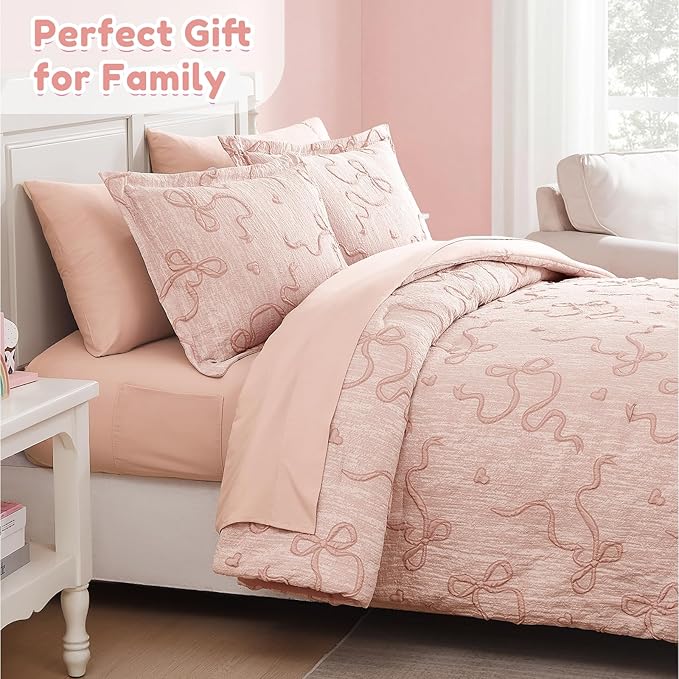 Geniospin Orange Pink Full Comforter Set for Girls- 7 Pieces Bowknot Jacquard Bed in A Bag Full Bedding Sets with Sheets, Pillowcases & Shams, All Season Kids Comforter Set