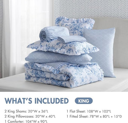 Madison Park Essentials Adele Blue Floral King Size Comforter Set – Vintage Bed in a Bag with Sheets, Reversible Ruffle Bedding, Elegant Gift for Her