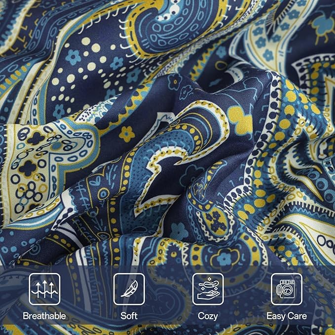 DJY Paisley Comforter Set Queen Size Navy Gold Boho Bed in a Bag 7 Piece, Soft Microfiber Vintage Paisley Floral Pattern Complete Bedding Set for All Season (90''x90)