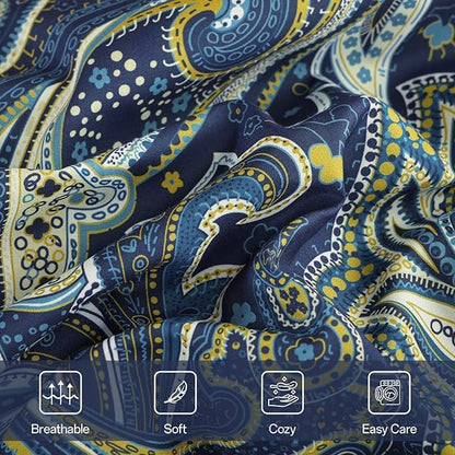 DJY Paisley Comforter Set Queen Size Navy Gold Boho Bed in a Bag 7 Piece, Soft Microfiber Vintage Paisley Floral Pattern Complete Bedding Set for All Season (90''x90)