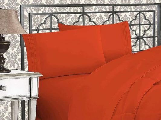 Elegant Comfort Luxurious 1500 Premium Hotel Quality Microfiber Three Line Embroidered Softest 4-Piece Bed Sheet Set, Wrinkle and Fade Resistant, California King, Rust