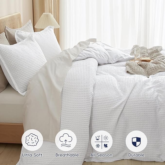 PHF Waffle Weave Duvet Cover Set King Size, No Snagging Ultra Soft Luxury Textured Breathable Comforter Cover for All Season 3pcs, Durable Bedding Duvet Set with 2 Pillow Shams, 104"x90", White