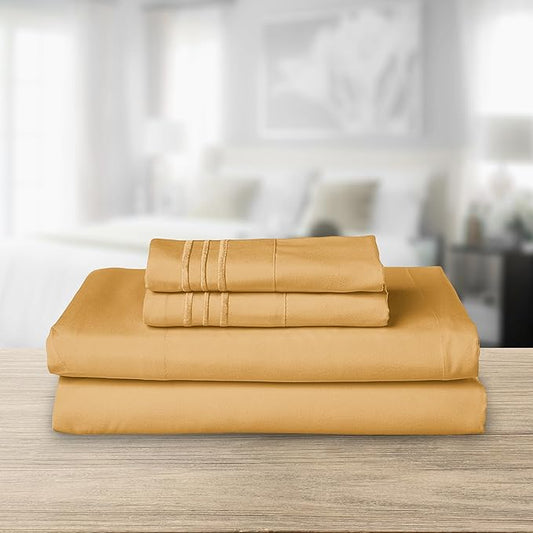 Elegant Comfort Luxurious 1500 Premium Hotel Quality Microfiber Three Line Embroidered Softest 4-Piece Bed Sheet Set, Wrinkle and Fade Resistant, Queen, Camel-Gold
