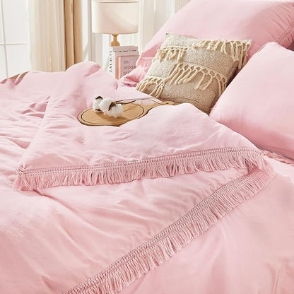 Andency King Size Comforter Set with Sheets Light Pink - 7 Pieces Bed in a Bag Boho Soft Lightweight Bedding Sets, Tassel Bed Set with Comforter, Sheets, Pillowcases & Shams
