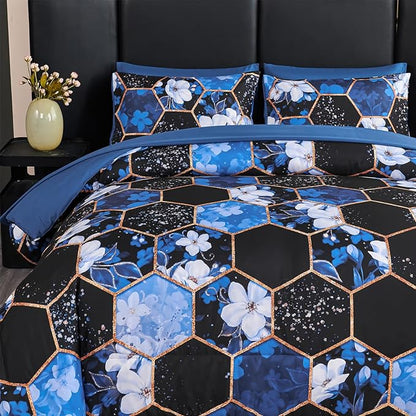 ANGIYUIN 7Pcs Blue Marble King Comforter Sets Floral Bedding Sets Gold Honeycomb Bed in A Bag with Sheets Soft Microfiber Bed Sets for Women Men