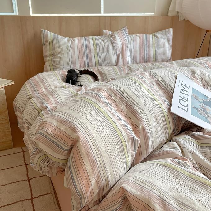 EAVD Pink Blue Yellow Striped Duvet Cover King Soft Washed Cotton Bedding Set 3 Pieces Pinstriped Bedding Set with 2 Pillowcases Reversible Farmhouse Geometric Pattern Duvet Cover with Zipper