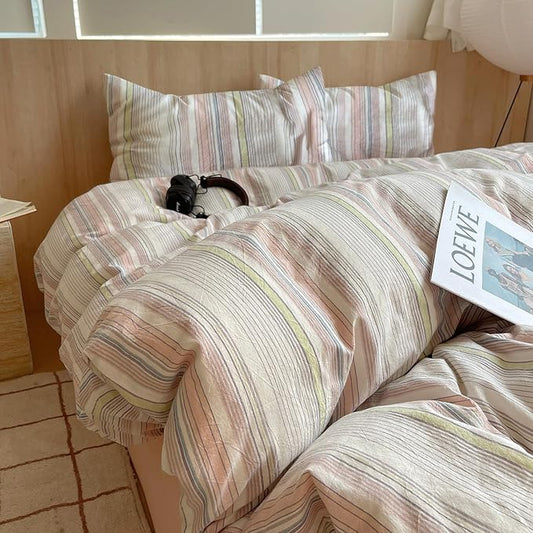 EAVD Pink Blue Yellow Striped Duvet Cover Queen Soft Washed Cotton Bedding Set 3 Pieces Pinstriped Bedding Set with 2 Pillowcases Reversible Farmhouse Geometric Pattern Duvet Cover with Zipper