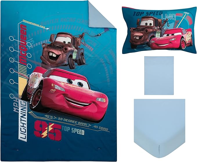 Disney Cars Piston Cup Circuit Blue, Red, and Yellow, Lightning McQueen and Mater 4 Piece Toddler Bed Set - Comforter, Fitted Bottom Sheet, Flat Top Sheet, and Reversible Pillowcase