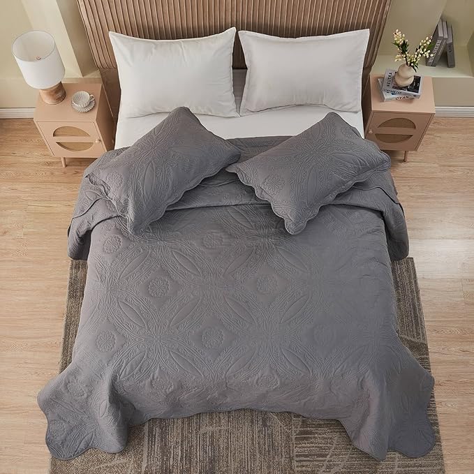 Kingnex Oversized King Bedspreads 128x120 Extra Wide for Tall King or Cal King Bed Ultrasonic Quilted Coverlet Set 3 Piece Include 1 Quilt 2 Pillowcases Dark Grey