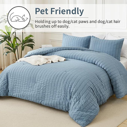 AveLom Seersucker Comforter Set - Full Size - Grayish Blue - 80x90 Inches - 3 Pieces - Unisex