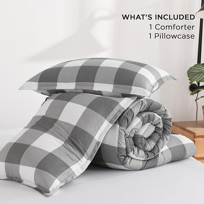 Andency Plaid Comforter Twin XL(68x92Inch), Gray White Checkered Gingham Buffalo Grid Bed Set for Students Boys Kids Teens, 2 Pieces Lightweight Polyester Geometric Dorm Bedding