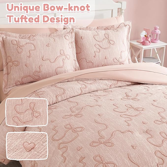 Geniospin Orange Pink Queen Comforter Set for Girls- 7 Pieces Bowknot Jacquard Bed in A Bag Queen Bedding Sets with Sheets, Pillowcases & Shams, All Season Kids Comforter Set