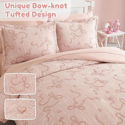 Geniospin Orange Pink Twin Comforter Set for Girls- 5 Pieces Bowknot Jacquard Bed in A Bag Twin Bedding Sets with Sheets, Pillowcases & Shams, All Season Kids Comforter Set