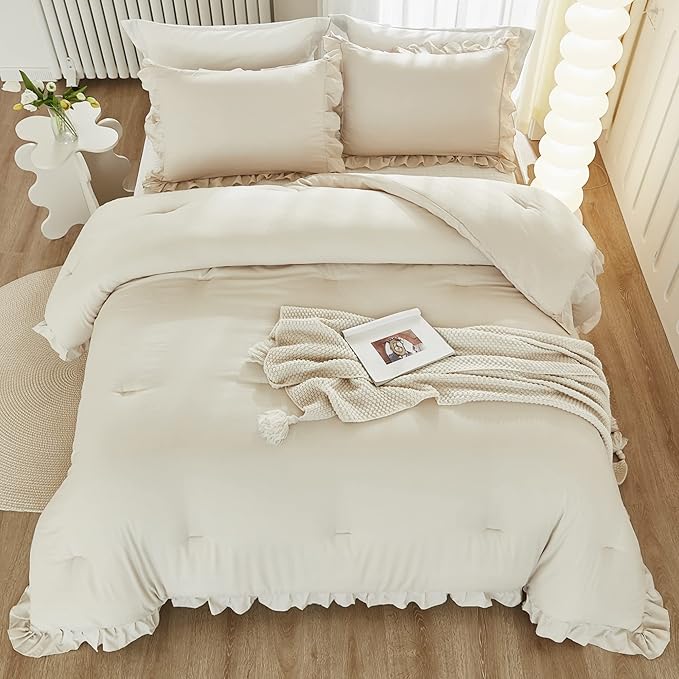 Litanika Comforter Twin Size Set Beige, 2 Pieces Ruffle Lightweight Bedding Comforter Set, Fluffy Bed Set (66x90In Comforter, 1 Pillowcase)