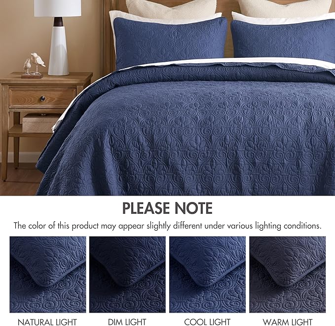 Madison Park Quebec Reversible Quilt Set Damask Design, Double Sided Stitching All Season, Lightweight Bedspread Bedding Set, Matching Sham, Navy, Full(96"x110") 3 Piece