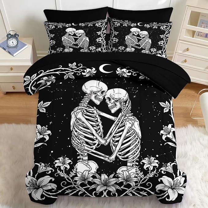 Nesker Comforter Set Full Size, Gothic Kissing Skeleton Lover 7 Pcs Bedding for Kids and Adults, Rose Black Lovers Black Bed Sheet Sets with Fitted Sheet 2 Pillowcases & 2 Shams