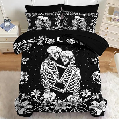 Nesker Comforter Set Full Size, Gothic Kissing Skeleton Lover 7 Pcs Bedding for Kids and Adults, Rose Black Lovers Black Bed Sheet Sets with Fitted Sheet 2 Pillowcases & 2 Shams