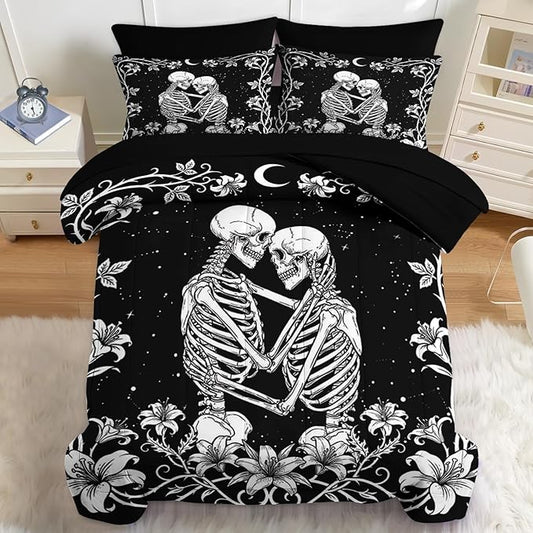 Nesker Comforter Set Queen Size, Gothic Kissing Skeleton Lover 7 Pcs Bedding for Kids and Adults, Rose Black Lovers Black Bed Sheet Sets with Fitted Sheet 2 Pillowcases & 2 Shams