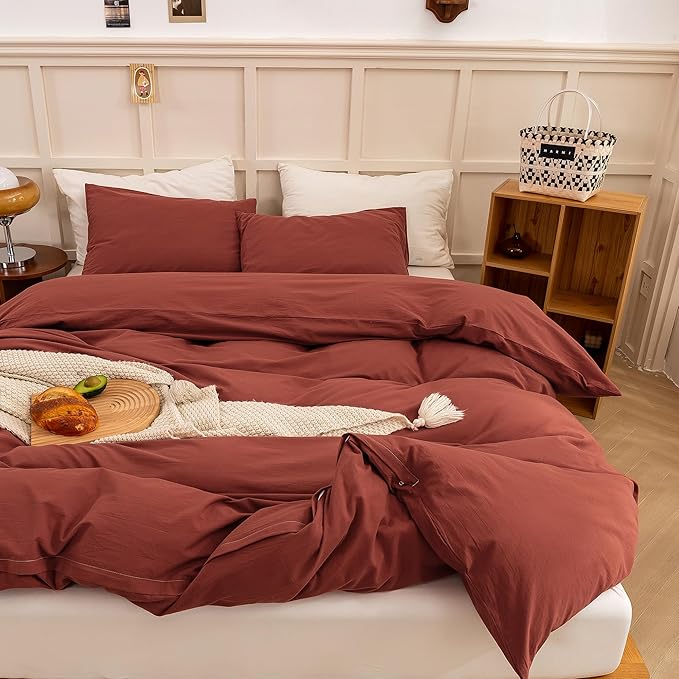 ECOCOTT Duvet Cover Queen Size - Linen Feel Organic Natural 100% Washed Cotton, Soft Breathable 3 Pieces Bedding Set with Zipper Closure, Burnt Brick Red