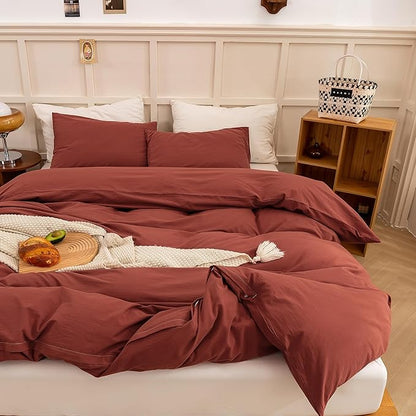 ECOCOTT Duvet Cover King Size - Linen Feel Organic Natural 100% Washed Cotton, Soft Breathable 3 Pieces Bedding Set with Zipper Closure, Burnt Brick Red