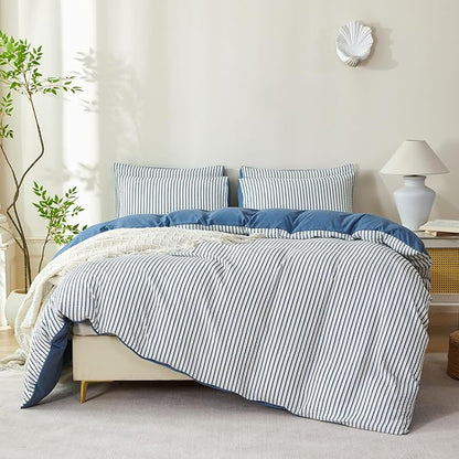 Striped Comforter Set Queen Denim Blue Soft Luxury Washed Microfiber Jacquard 3 Pieces Bedding Set, White Denim Blue Vertical Ticking Stripes Comforter with 2 Pillowcases Breathable Durable Comfy