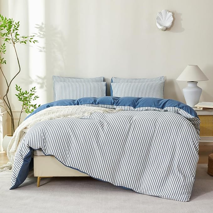 Comforter King Set Denim Blue Striped Soft Luxury Washed Microfiber Jacquard 3 Pieces Bedding, White Denim Blue Vertical Ticking Stripes Comforter with 2 Pillowcases Breathable Durable Comfy