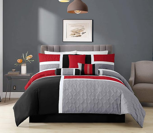 Chezmoi Collection 7-Piece Quilted Patchwork Comforter Set, Red/Gray/Black, California King