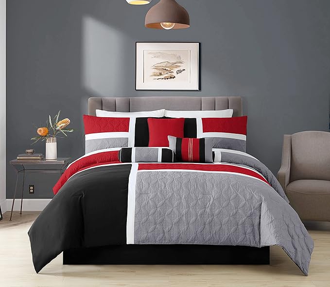 Chezmoi Collection 7-Piece Quilted Patchwork Comforter Set, Red/Gray/Black, Full