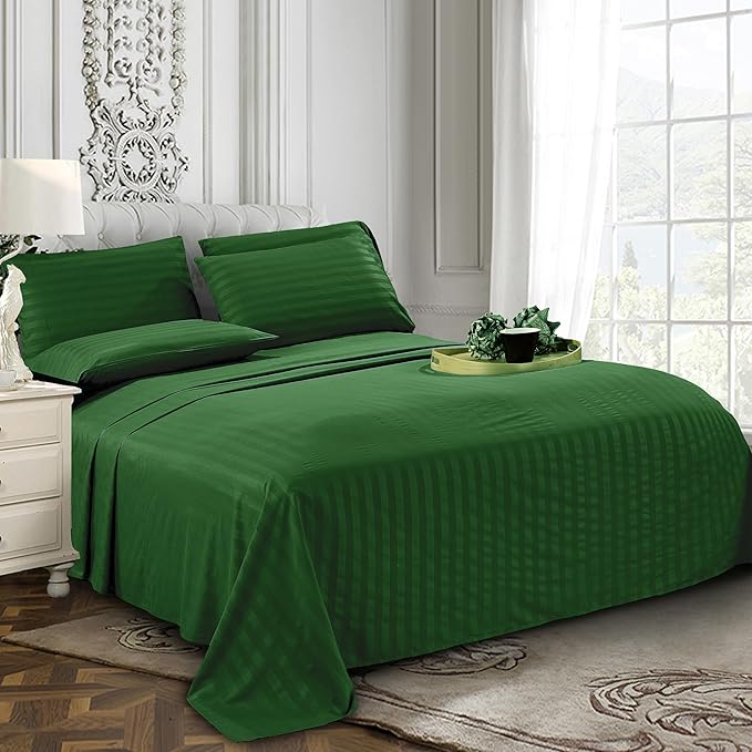 Elegant Comfort Softest and Coziest 6-Piece Sheet Set - 1500 Premium Hotel Quality Microfiber - Deep Pocket, Wrinkle Resistant 6-Piece Damask Stripe Bed Sheet Set, King, Hunter Green