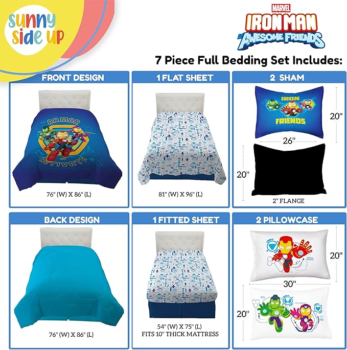 Sunny Side Up Kids Comforter Set Includes Sheets and Pillow Covers - Soft and Cozy Bed Set for Stylish Room Decor, Blue - Iron Man and His Awesome Friends, 7 Piece Full Size Bedding
