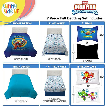 Sunny Side Up Kids Comforter Set Includes Sheets and Pillow Covers - Soft and Cozy Bed Set for Stylish Room Decor, Blue - Iron Man and His Awesome Friends, 7 Piece Full Size Bedding
