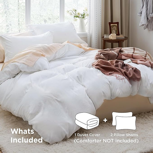 Bedsure White Duvet Cover Queen Size - 3 Pieces Prewashed Cotton-Like Polyester Extra Soft Bedding Set, Includes 1 Duvet Cover 90x90 Inches with Zipper Closure & 2 Pillow Shams, Comforter Not Included