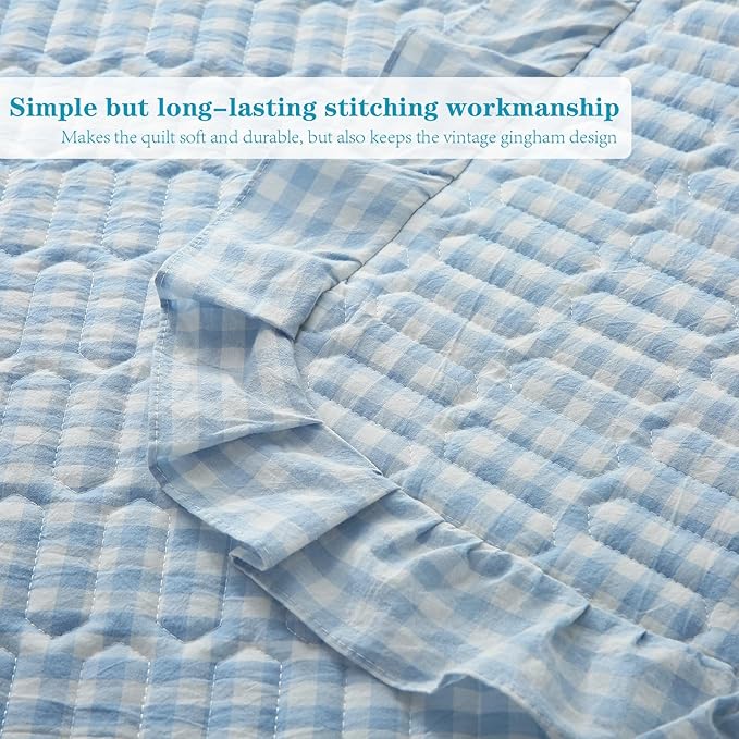 Light Blue White Ruffle Gingham Quilt Set Queen Size with 2 Pillow Shams, 100% Washed Cotton Yarn-Dyed Quited Bedspread Farmhouse Bedding Set (Light Blue, Queen) | Ruffle quilt, Gingham quilt, 100% washed cotton