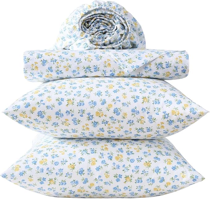 Laura Ashley - Queen Sheet Set, Crisp & Cool Cotton Percale Bedding for Year Round Comfort, Deep Pocket, Bed Sheets with Matching Pillowcases (Ditsy Doodle Blue)