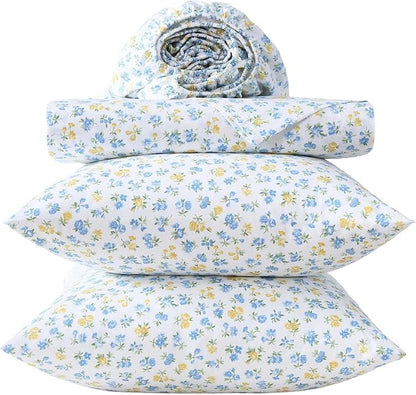 Laura Ashley - Queen Sheet Set, Crisp & Cool Cotton Percale Bedding for Year Round Comfort, Deep Pocket, Bed Sheets with Matching Pillowcases (Ditsy Doodle Blue)