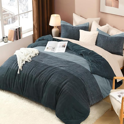 Litanika Fluffy Fleece Twin Comforter Set, Luxury Soft Plush Fuzzy Haze Blue Stripe Bedding Comforter Sets, Warm Shaggy Faux Fur Bed Set All Season (1 Comforter, 1 Pillowcase)