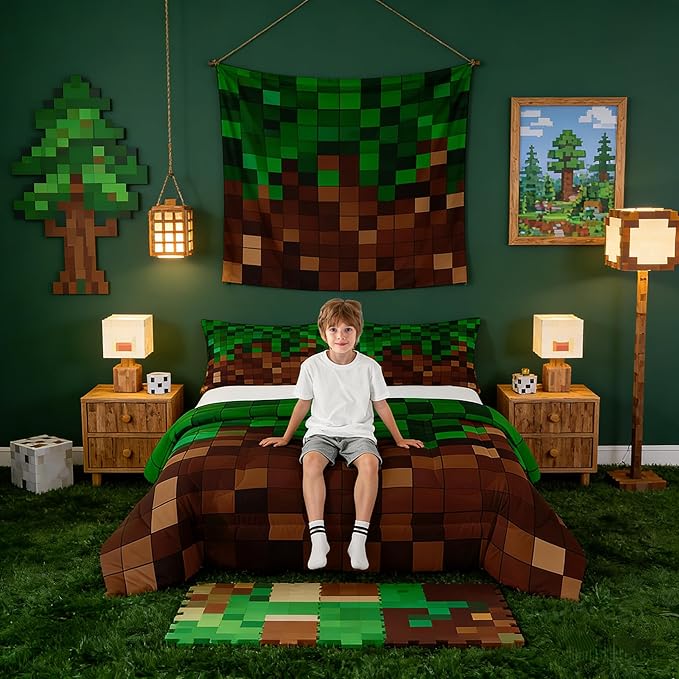 Manfei Pixelated Girls Bedding Set Twin Size,Patchwork Grid Video Games Comforter Set,Miners Lattice Simple Quilt Comforter Girls Boys Teens,Dark Green Brown Room Decor All Season,1 Pillowcase