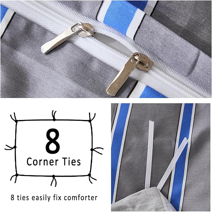 Merryword Blue and Gray Striped Duvet Cover Set King Size 100% Cotton Bedding Set with Modern Coastal Style Soft Breathable Linen Like Bedding Set 3 Pieces